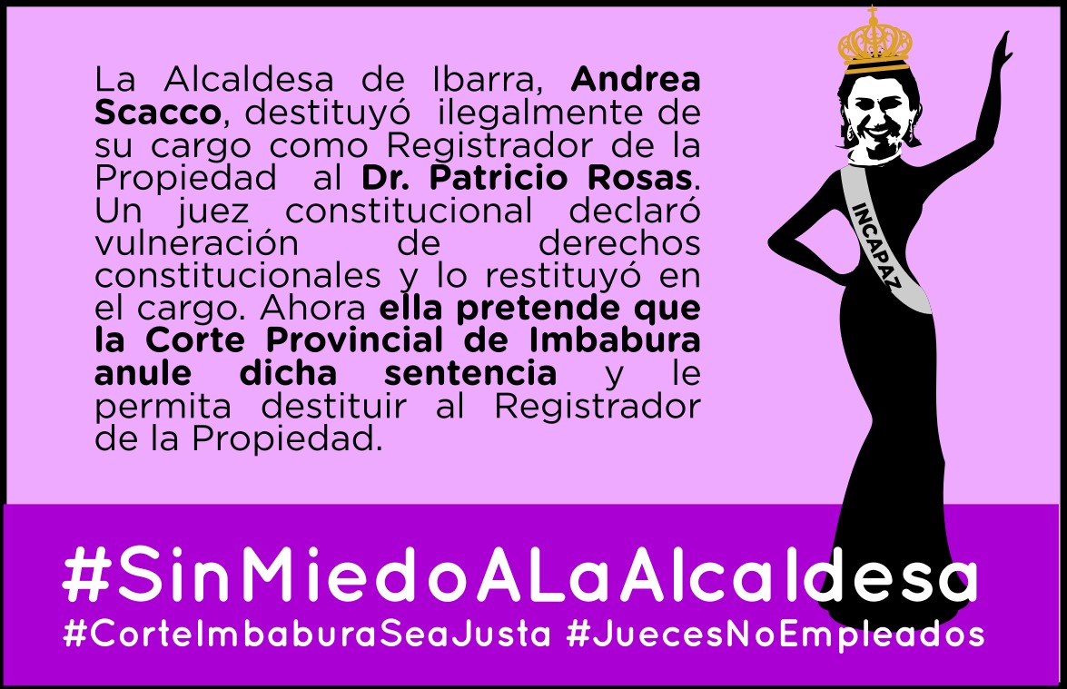 EddyPin54025304's tweet photo. @AndreaAlcaldesa removió ilegalmente a @PATRICIOROSAS1 de su cargo como Registrador de la Propiedad de #Ibarra. Un juez constitucional #SinMiedoALaAlcaldesa falló a su favor, le devolvió el cargo #CorteImbaburaSeaJusta y no se deje intimidar, ustedes son #JuecesNoEmpleados https://t.co/tlpmtO9DGF