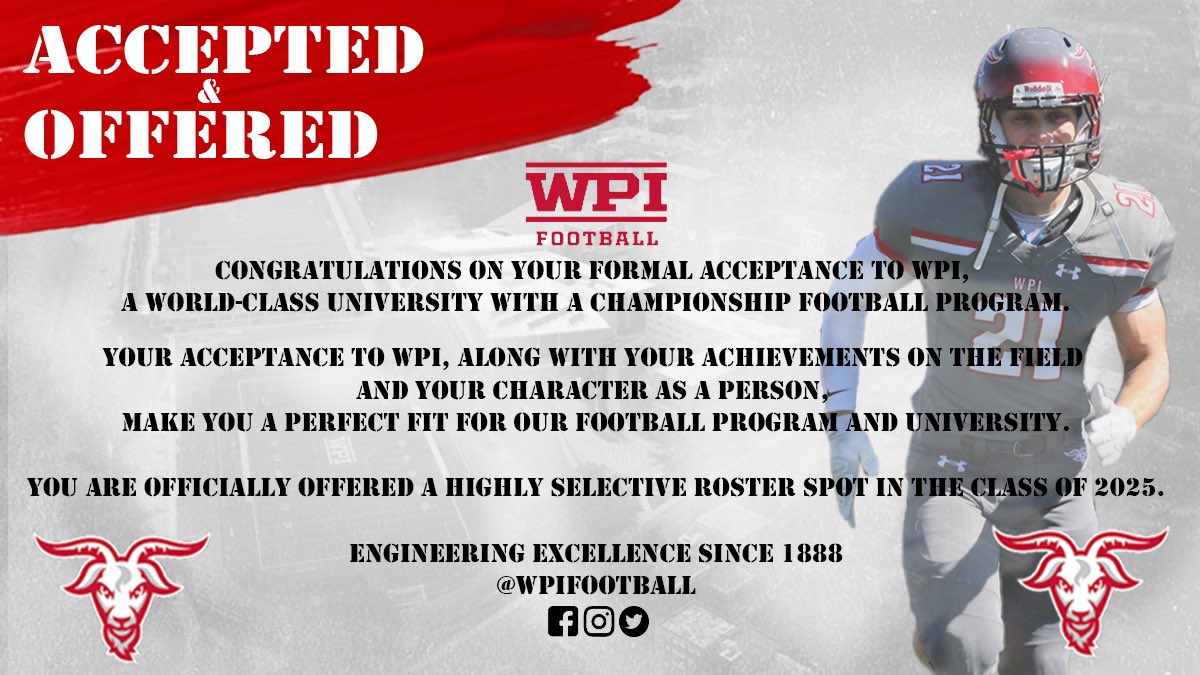 Excited to announce I will be continuing my academic and football careers at WPI! Thanks to all the coaches <a href="/SalemNHFootball/">Blue Devil Football</a> and <a href="/WPIFootball/">WPI Football</a> for this opportunity! <a href="/CoachFlaherty4/">Ted Flaherty</a> <a href="/CoachRobFB/">Chris Robertson</a>
