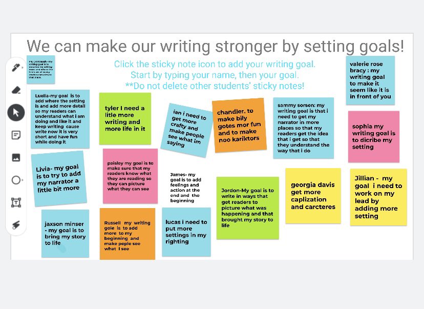 ms_cronbaugh's tweet photo. I’ve been searching for ways to use #Jamboard with my students and have found some good ideas I’m excited to try out. We practiced today by making a digital goal board. #thirdgrade #GoogleEdu https://t.co/Kadylz7Guf