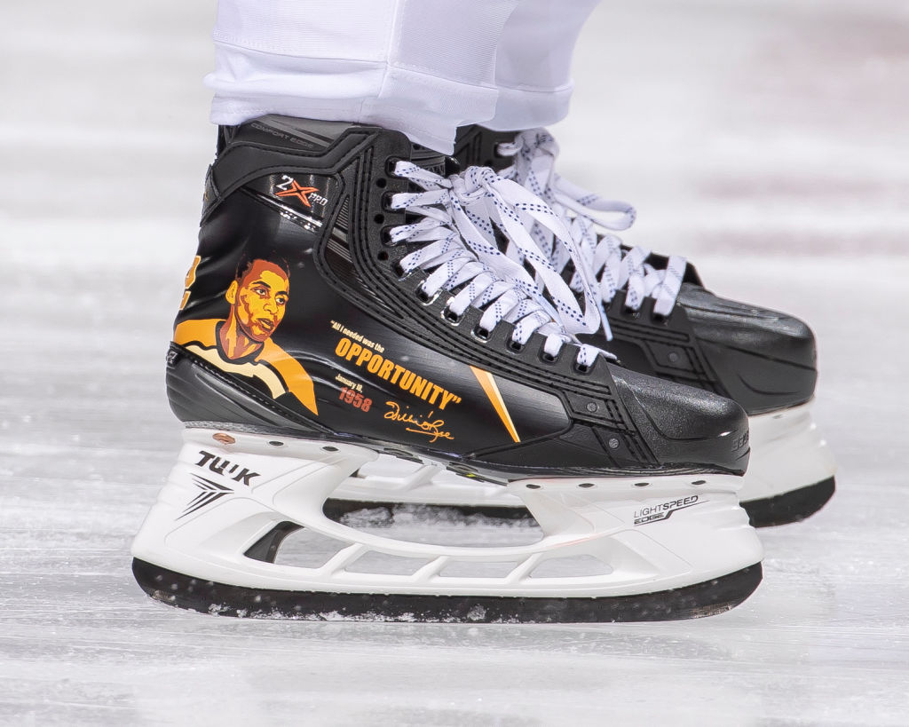 NHLBlackhawks's tweet photo. Patrick Kane is one of several @NHL players who is honoring Willie O’Ree and celebrating #BlackHistoryMonth with these custom @BauerHockey skates! https://t.co/5mxBwnRwSC