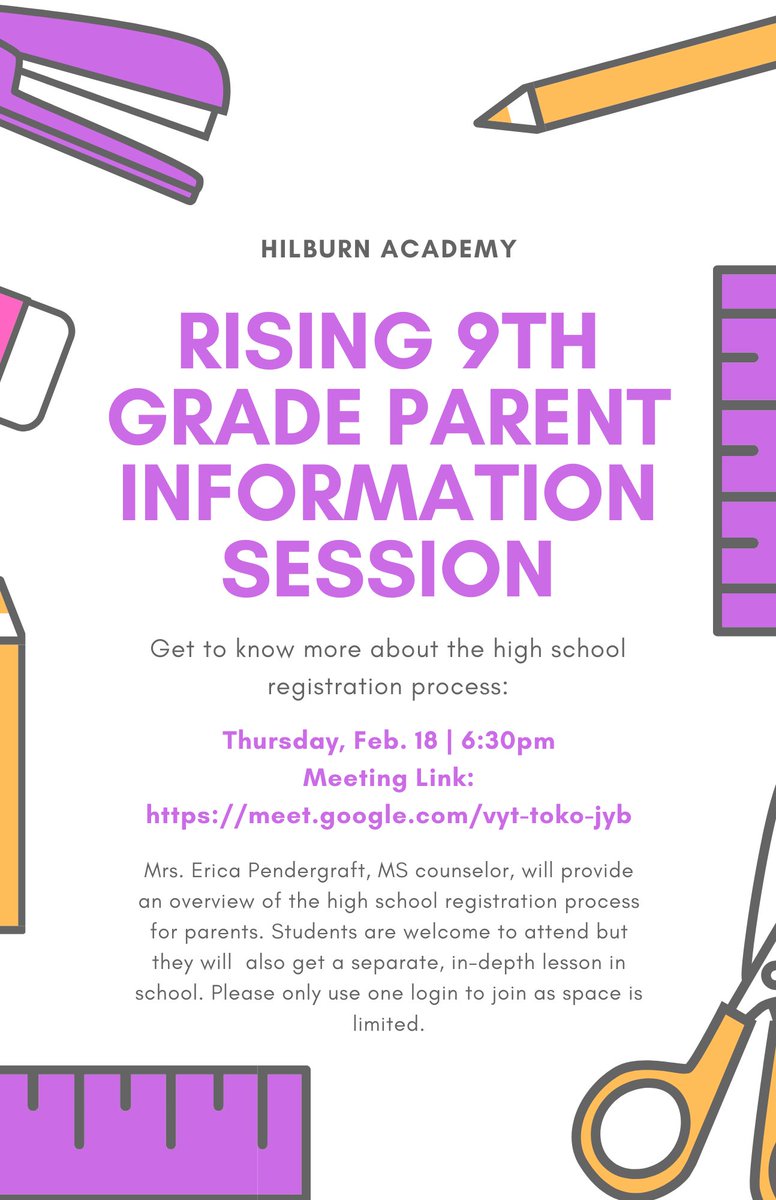 Hey 8th Grade Hawk Families! The Rising 9th Grade parent information session is still currently on for tomorrow night, 2/17 at 6:30! Any changes will be announce around lunchtime! This session will also be recorded for anyone who can’t make it.