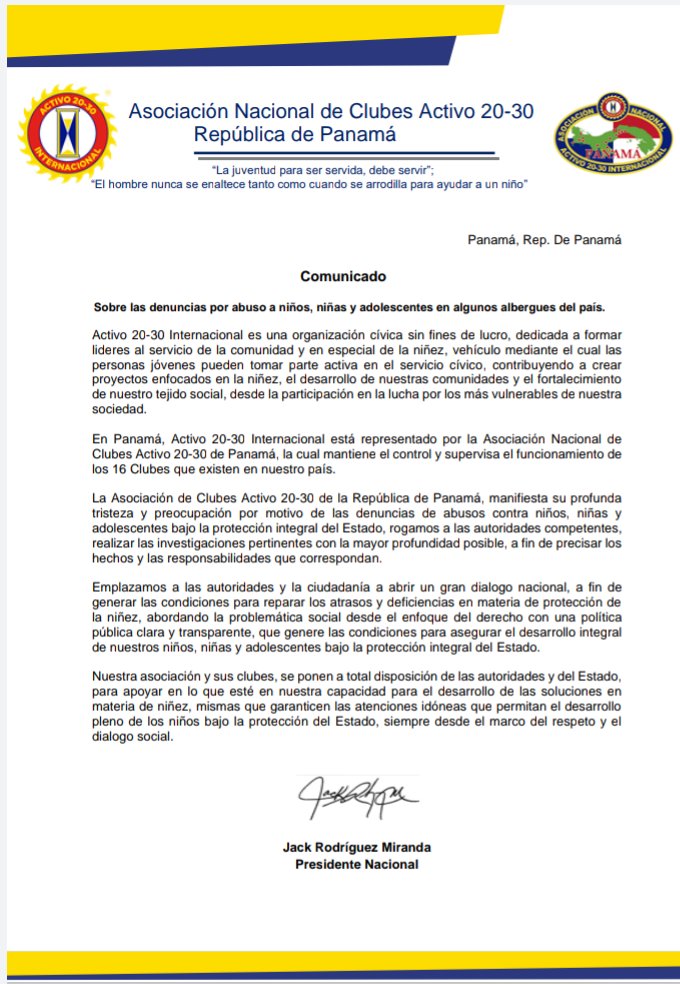 Comunicado <a href="/anca2030panama/">ANCA 20-30 DE PANAMÁ</a> Sobre las denuncias por abuso a niños, niñas y adolescentes en algunos albergues del país. #16clubes1asociación <a href="/rpc_radio/">Rpc Radio</a> <a href="/radiopanama/">Radio Panamá</a> <a href="/KWCONTINENTE/">KW Continente</a> <a href="/prensacom/">La Prensa Panamá</a> <a href="/EstrellaOnline/">La Estrella de Panamá</a> <a href="/MetroLibrePTY/">Metro Libre</a> <a href="/tvnnoticias/">TVN Noticias</a> <a href="/TReporta/">Telemetro Reporta</a> <a href="/nexnoticias/">Nex Noticias</a>
