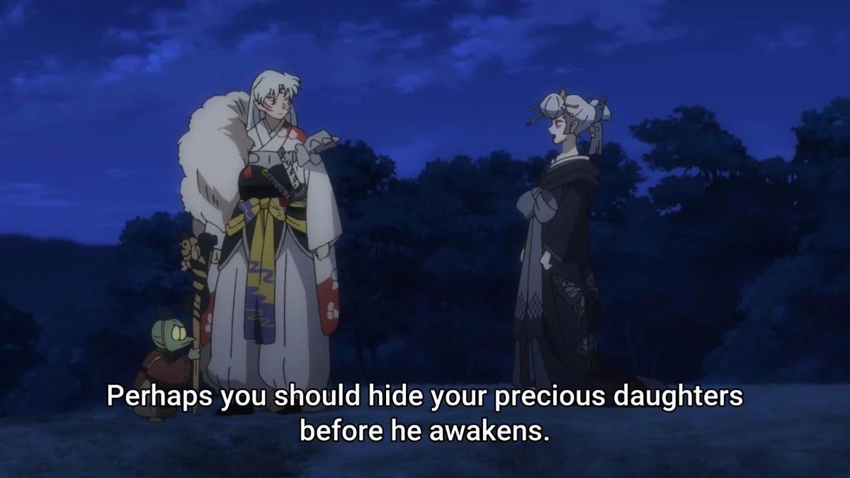 After Zero escapes, Sesshomaru rushes to get his daughters & take them somewhere safe without explaining to anyone (not even his wife, Rin) where he was taking them. On his way out, Sesshomaru is attacked by Yoka (Who Zero sent to kill the babies). +