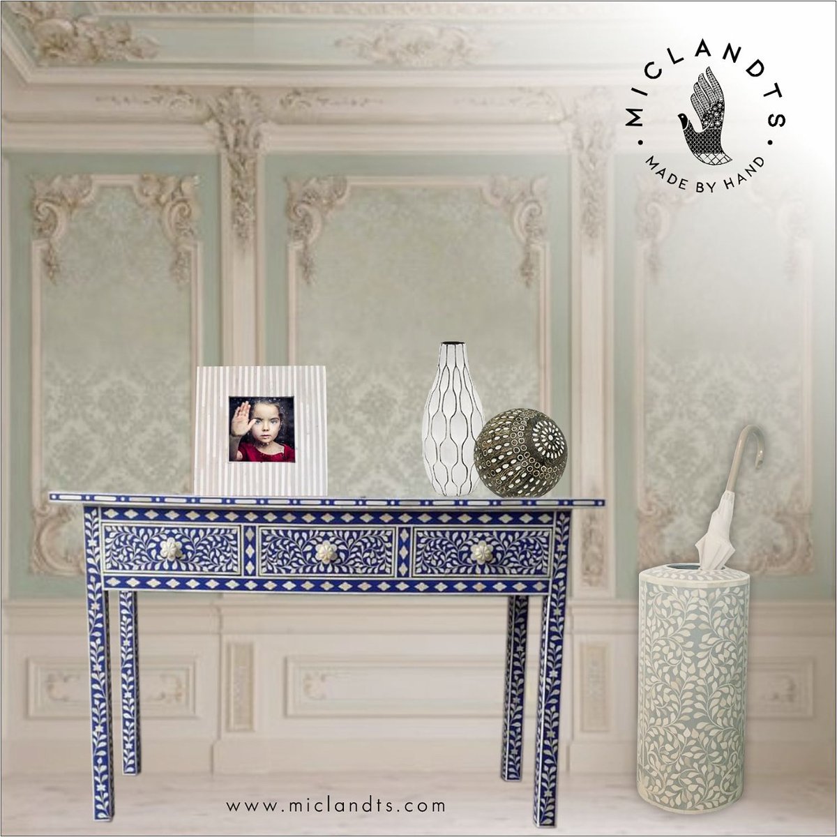 || Bone || When we work with our designer and artisans we make sure our furniture are going to fit. bone inlay floral &amp; leaf design blue colour console sitting pretty here.We showing you the Picture Fame &amp; ☂️ Umbrella Stand made of bone which is required for the home object.