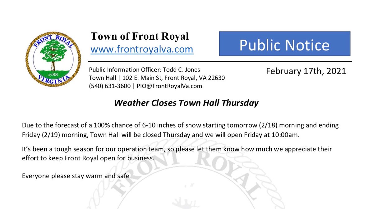 Please note. Public Notice. #townoffrontroyal #townhall #Virginia