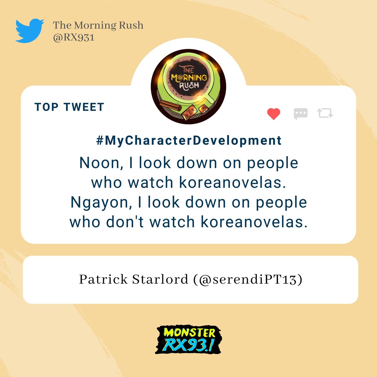 RX931's tweet photo. #MyCharacterDevelopment from @serendiPT13
#TheMorningRush #Quaran10 https://t.co/L1CXjQM6nu