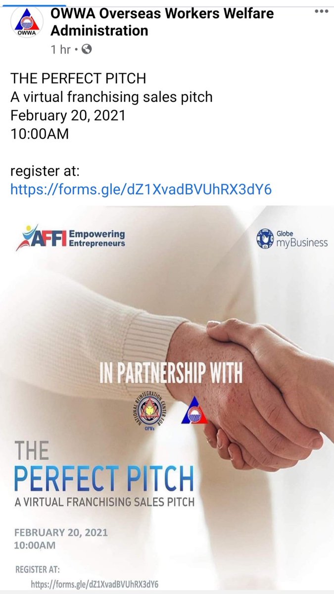 Dear OFWs, the "Perfect Pitch" for virtual franchising, in partnership with AFFI and Globe PHL. February 20 po tayo :)