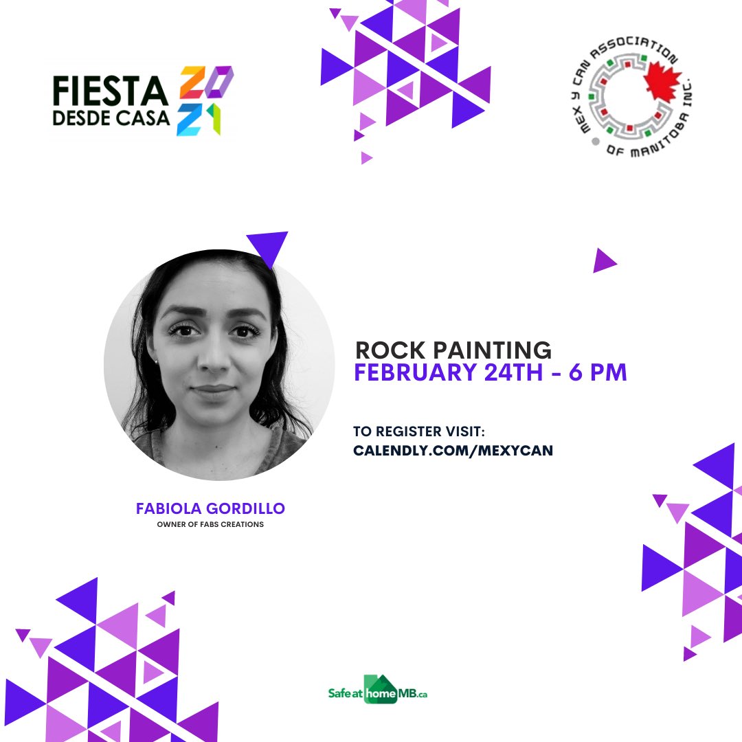 Looking for FUN activities for your kids? Don't miss the ROCK PAINTING class by Fabiola Gordillo from Fab's Creations on  FEBRUARY 24th. 
REGISTER HERE: calendly.com/mexycan
#fiestadesdecasa #safeathomemanitoba #SafeatHomeMB