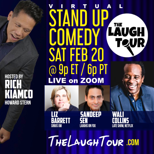 TheLaughTour's tweet photo. 2/20 LIVE COMEDY on ZOOM! 9p ET @walicollins @lizcomedy @sandipsencomic @richkiamco @thelaughtour #virtualstandup https://t.co/kY9Ni5SbW1 https://t.co/lLEBj3fneH