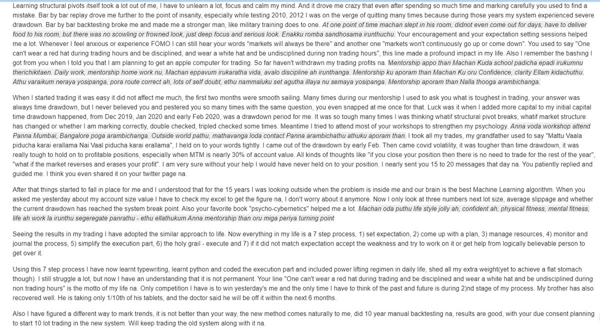 Totally fired up to receive this email from my mentee Guhan. 

In 15 months, 20L -> 1.4Cr (with 20L added on the way) in positional trading is fantastic and his discipline paid off nicely.

Comments from his wife as well - I always say that trading can teach some great lessons😊
