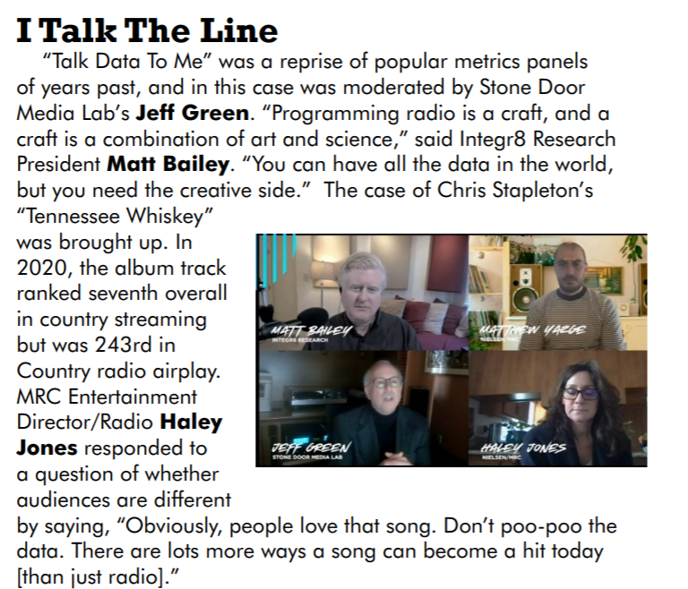 StoneDoorML's tweet photo. Thanks to Chris Huff (@HUFF) and @CountryAircheck for this great coverage of #CRS2021 panel "Talk Data To Me". https://t.co/FwLD30XebR
