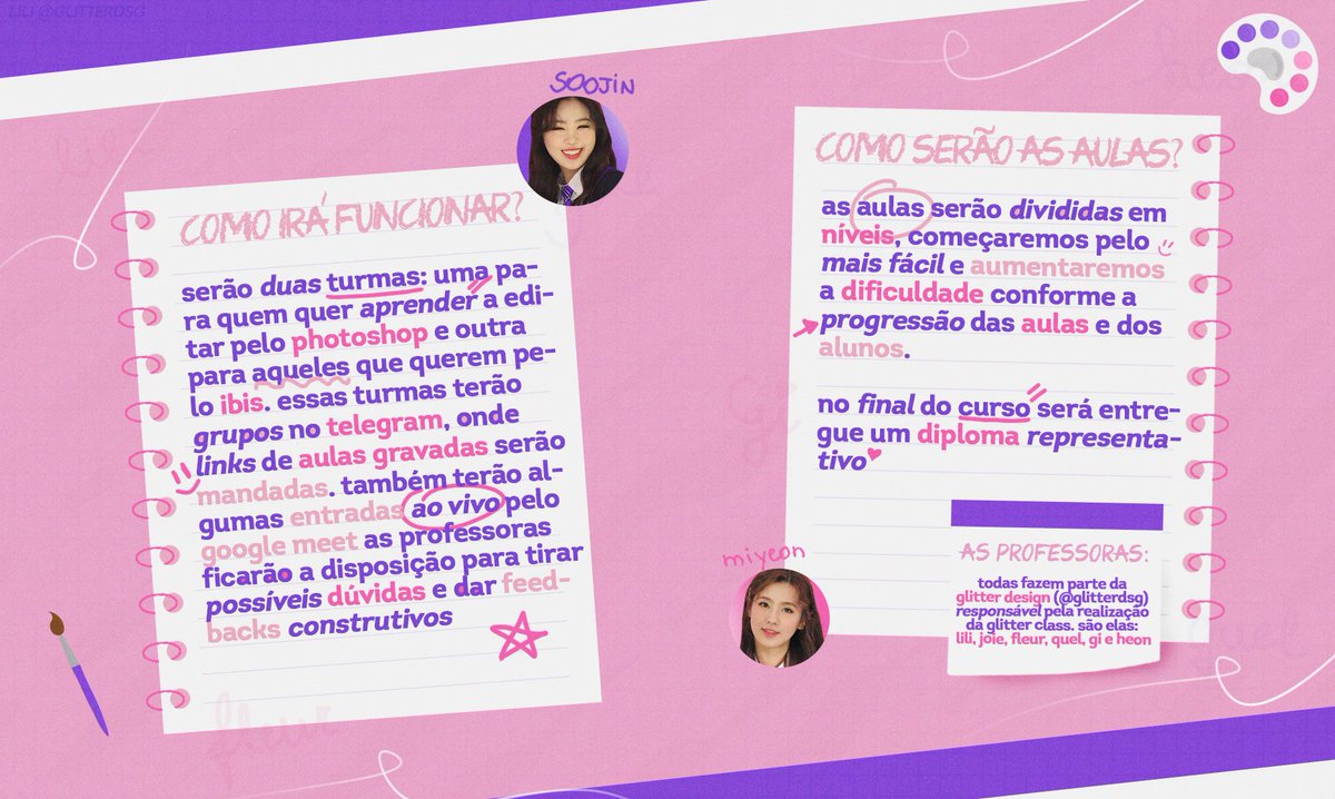glitterdsgclass's tweet image. 🎨 | Bem vindes a Glitter Class, seu novo projeto de aulas de edição! 

Confira as informações nos banners abaixo, nossa DM está aberta caso tenham dúvidas 💜