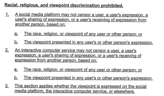 3/ The bill says that both ICSs and social media platforms may not "censor" expression or users based on viewpoint. Not only that, but also that they can't ban a user for viewpoints expressed *anywhere*.