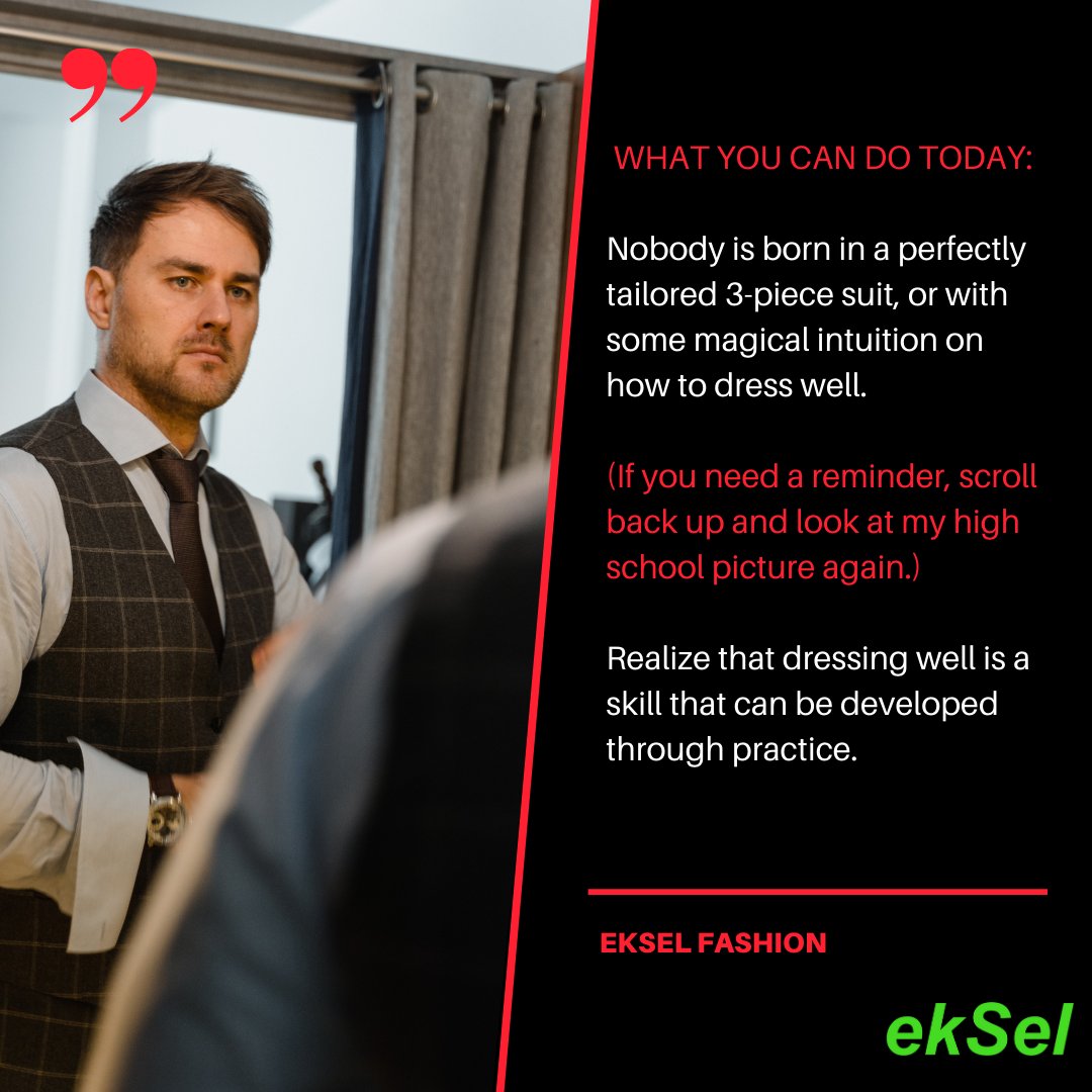 ekSelCo's tweet photo. "Nobody is born in a perfectly tailored 3-piece suit, or with some magical intuition on how to dress well!"
#eksel #mensfashion #selfimprovement #ekseljourney #usfashion #fallvibes #dressforsuccess #Jointhejourney #mensdevelopment #mensfashiontips https://t.co/tmBcetMnqm