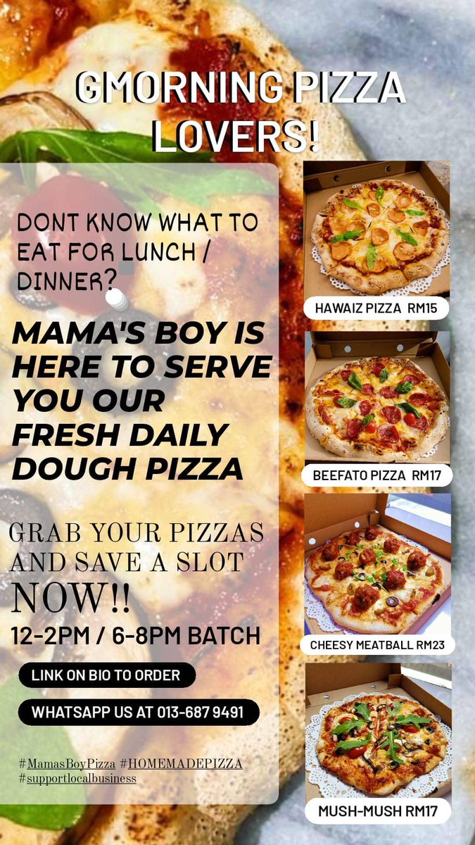MamasboyMy's tweet image. Today's (18th feb) pizza dough is ready to satisfy your cravings🔥 
Grab your pizza for lunch/dinner now!

 Link on bio to order / WA at 013-687 9491 ⚡

#MamasBoyPizza #Pizza #HomemadePizza #DailyHomemade #MamasDough #LavaRockPizza #malaysiafood #klfoodie #smallbusiness