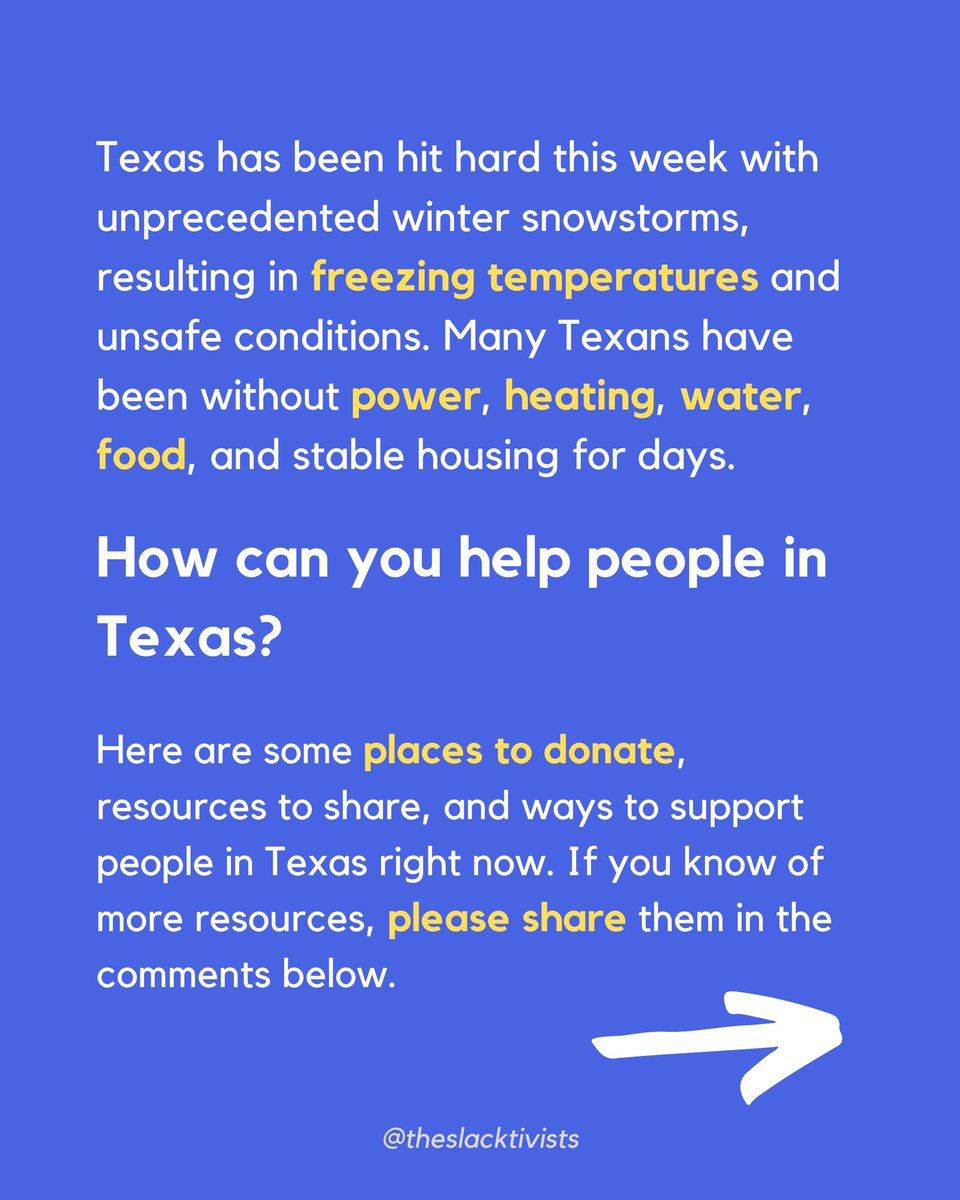 Here are some places to donate, resources to share, and ways to support people in Texas right now. If you know of more please share them in the comments below. (1/2) #texas  #texasblackout  #texaswinterstorm2021  #winterstom2021  #texaspoweroutage  #poweroutage  #prayfortexas