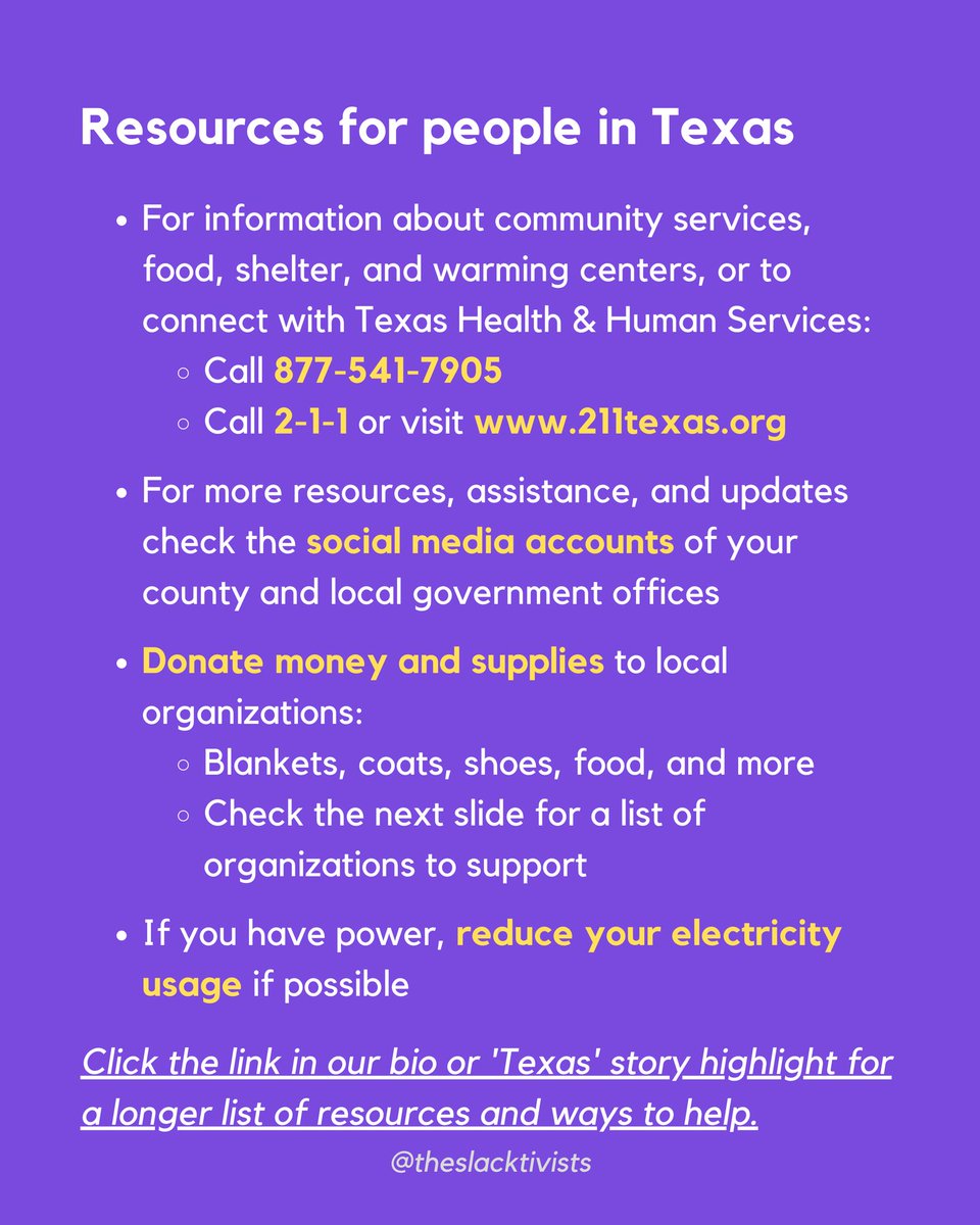 Here are some places to donate, resources to share, and ways to support people in Texas right now. If you know of more please share them in the comments below. (1/2) #texas  #texasblackout  #texaswinterstorm2021  #winterstom2021  #texaspoweroutage  #poweroutage  #prayfortexas
