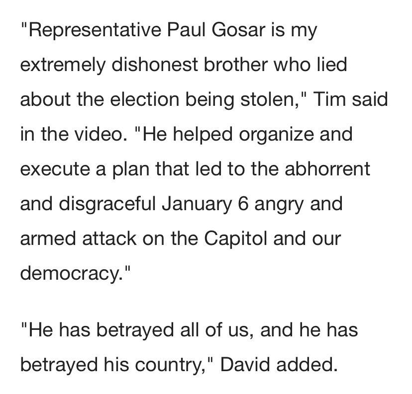 mapeters20's tweet photo. Don’t like Gosar (who does but apparently the ADA?) but gotta love his family for being responsible enough for these actions #worstbrother #censurethisidiotattheveryleastbecausehesatraitor https://t.co/S4Y6PHgr5R