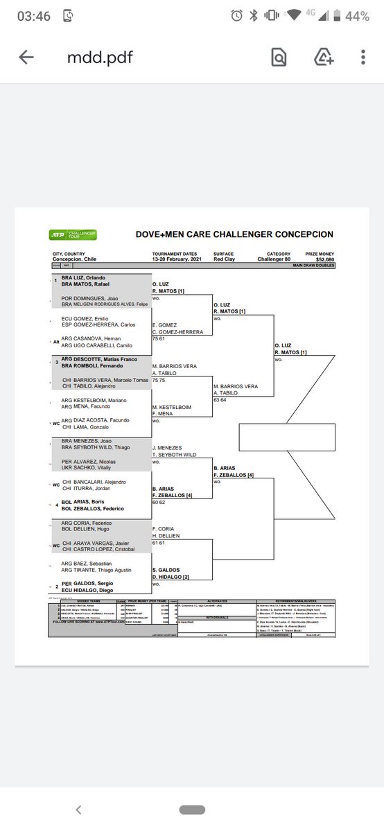 Tennis Integrity gone mad. 

Luz and Matos are into the ATP Challenger Concepcion doubles final not having to play a point. 

Walkover 
Walkover 
Walkover 

Then look at the list of 'injuries'  All of them are travelling to ATP Cordoba is the only injury I can see.....