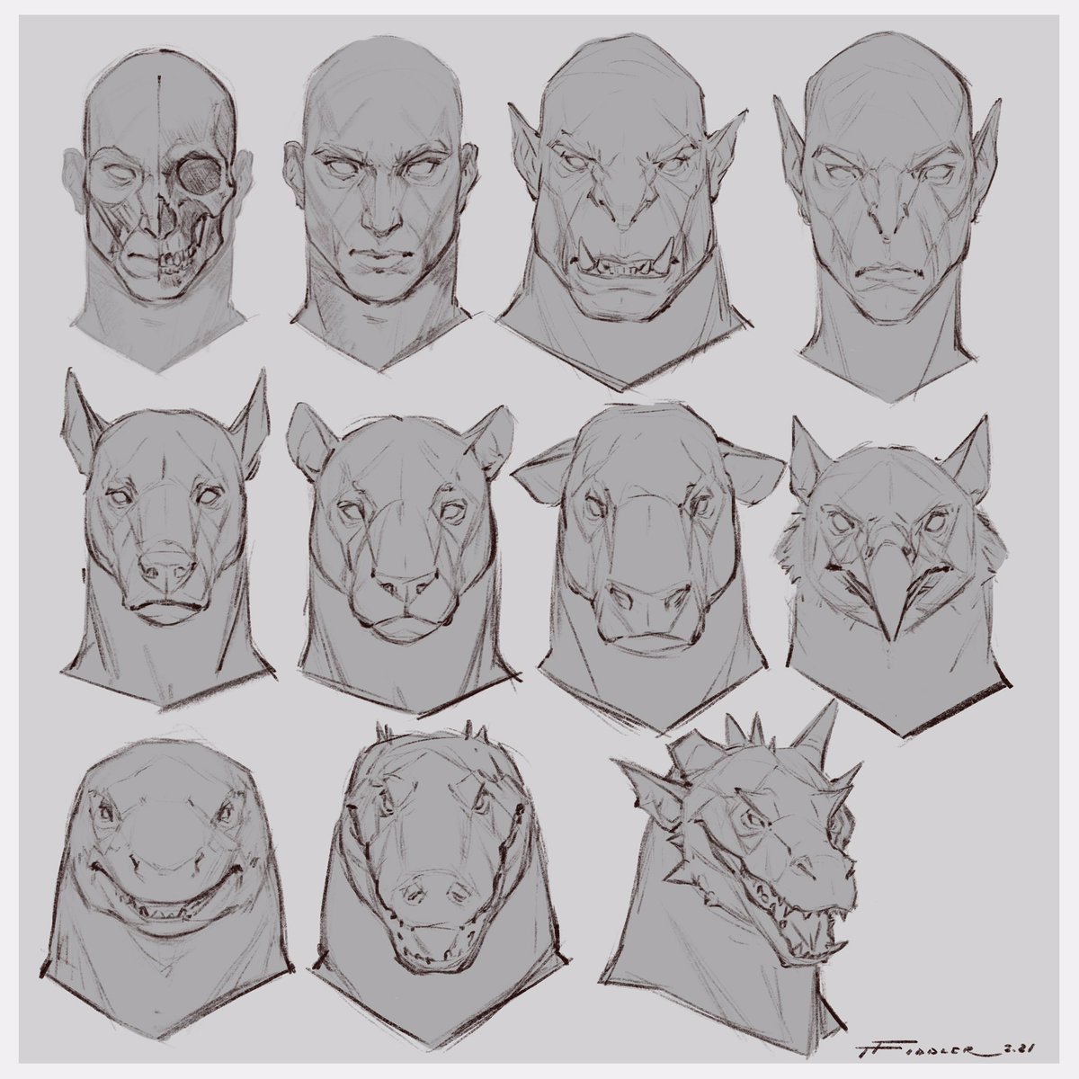 TFiddlerArt's tweet photo. So I’ve recently noticed that I tend to visualize different looking faces in a similar matter. I tried to put something together that kind off shows how I compartmentalize the shapes. Kind of a mixture of anatomy and stylization, imo. What do you guys think?
#sketch #drawing https://t.co/dOVaQvn9WE