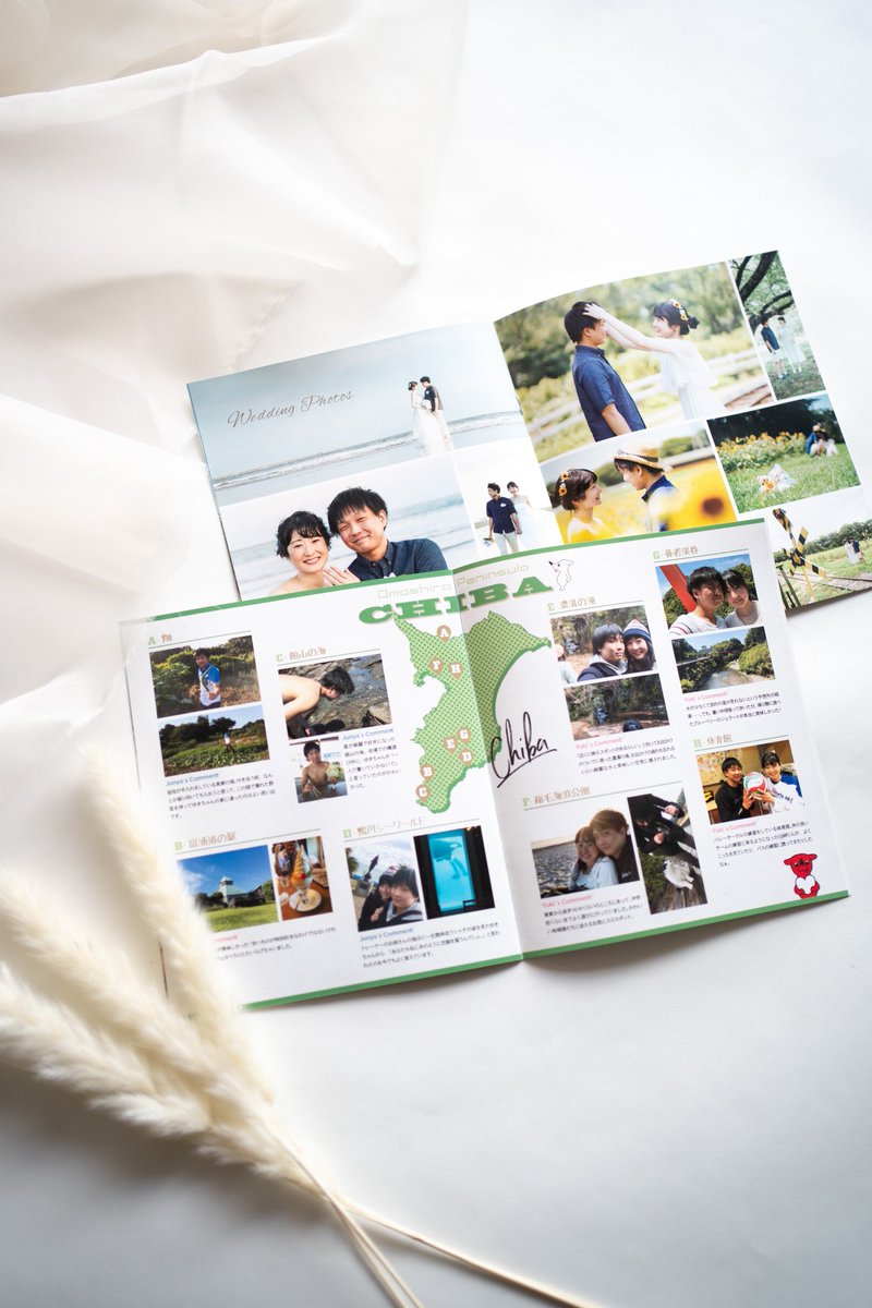 Hoshino_Rina_'s tweet image. 結婚式パンフの作例です。社会人のバレーボールサークルで仲良くなったお2人！ 「ことりっぷ」風の表紙でほっこりと☺️💓 2人の思い出の地・千葉を巡って写真撮るのも楽しかったー！
#profilebook #wedding #Aimerdesign