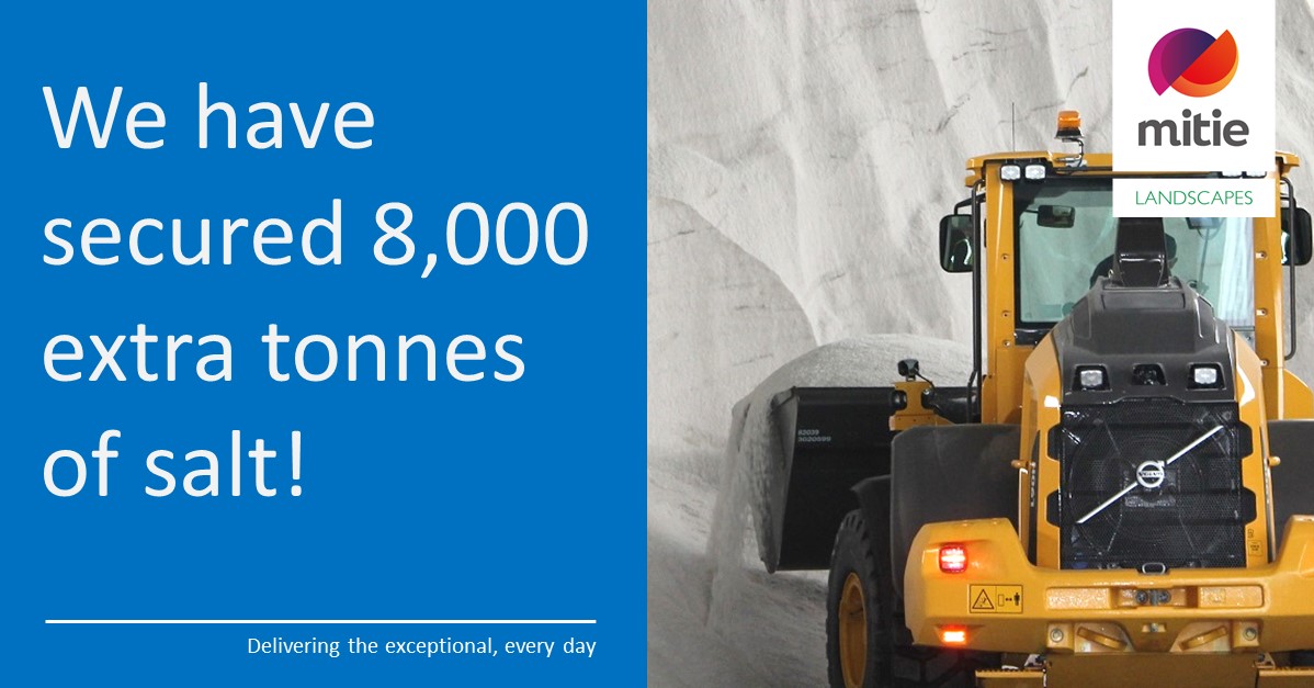 MitieLandscapes's tweet photo. At the start of the winter season we procured 18,000 tonnes of salt. To ensure we don't run out we have secured an extra 8,000 tonnes. Our clients can count on us to be there when they need us the most! https://t.co/6XEeQoxqNY