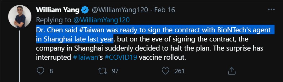 6/ If BioNTech let Taiwan island's health ministry buy from them directly, they would be violating their own contract with their Chinese sales agent (Fosun) because Greater China includes Taiwan. Taiwan never sought to sign an agreement with BioNTech's agent in Shanghai...