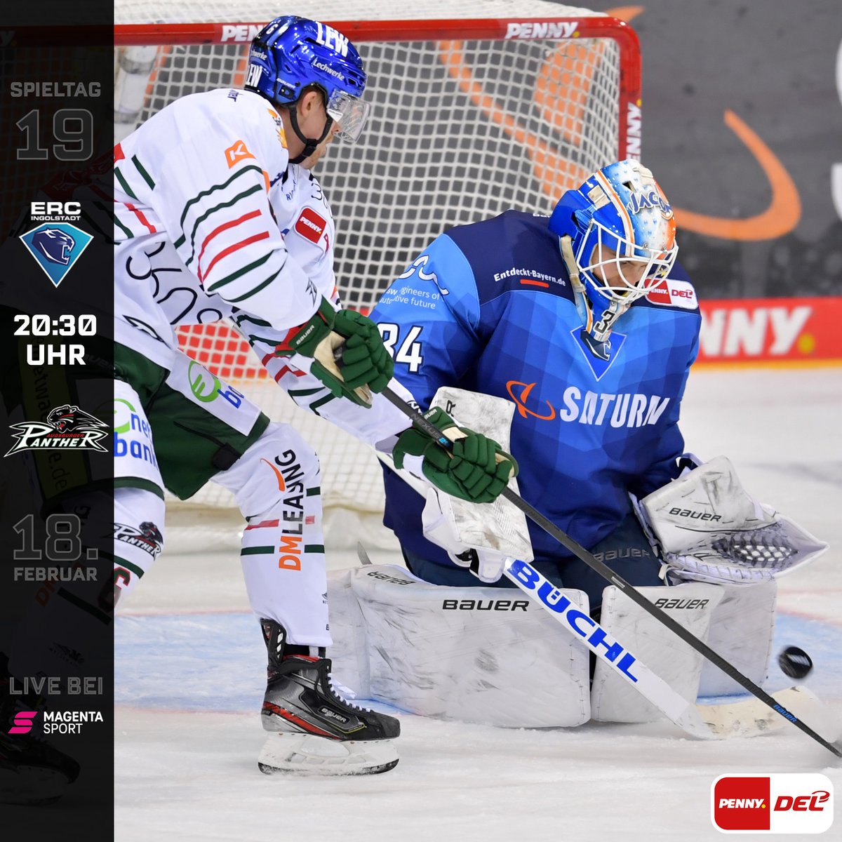 DELoffiziell's tweet photo. Auf in den 19. Spieltag: Den Auftakt machen die @grizzlys_wob um 18:30 Uhr gegen @roosters_hockey. Später am Abend ab 20:30 Uhr kommt es zum Duell zwischen dem @ERCIngolstadt und @aevpanther. Alles live bei #MagentaSport. https://t.co/Q8iuH58MsX