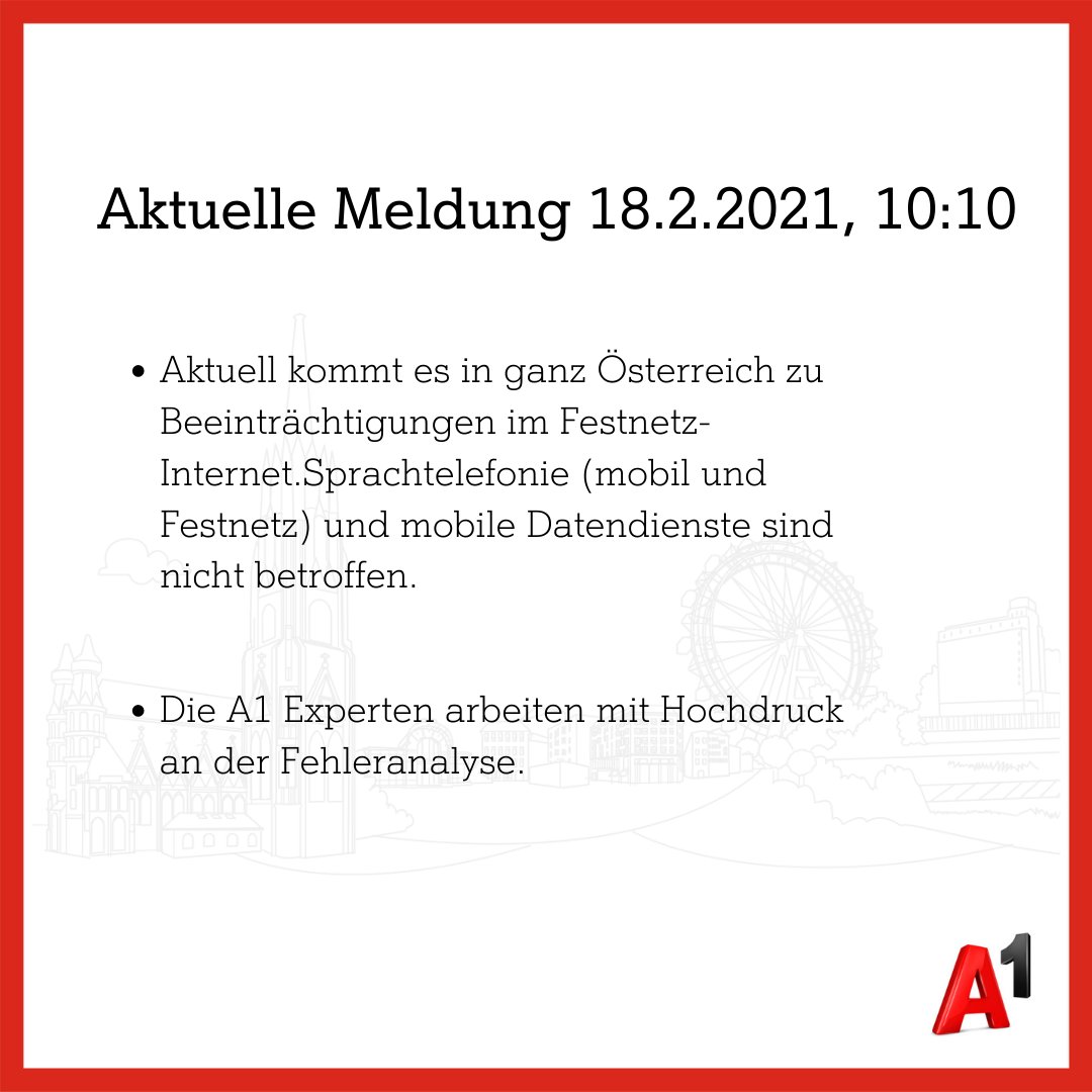 Aktuell kommt es in ganz Österreich zu Beeinträchtigungen im Festnetz-Internet.
Sprachtelefonie (mobil und Festnetz) und mobile Datendienste sind nicht betroffen.
Die A1 Experten arbeiten mit Hochdruck an der Fehleranalyse.