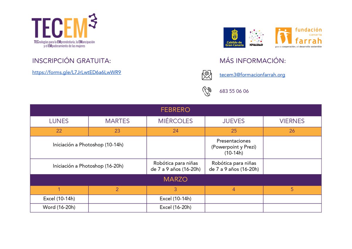 apiederisco's tweet photo. Comienzan los cursos #gratuitos de #TECEM ! Si quieres inscribirte en algún curso, puedes hacerlo entrando en este enlace https://t.co/xO672qMZ9o . Y recuerda, ¡son todos gratis! #formacion #GranCanaria #LPGC https://t.co/0WHXGRUi6A