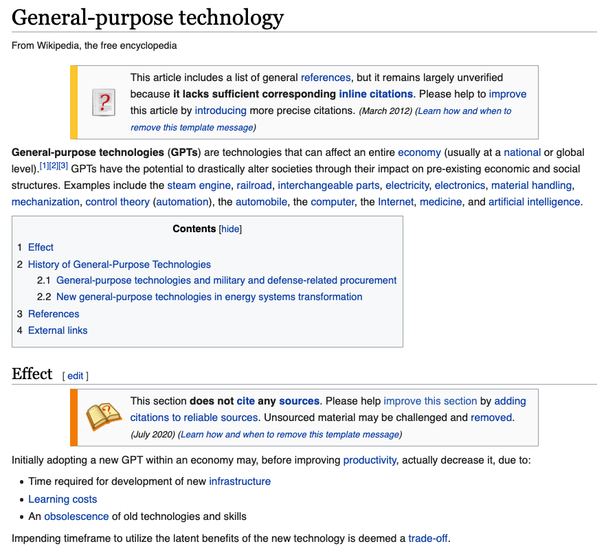 This is a great listen on tech stock picking. TIL that there is a theory of General-Purpose Technologies (@ 50 mins): - steep cost declines- cut across sectors- platform of innovationARK thinks the emerging ones are: gene editing, AI, collaborative robots, batteries, crypto  https://twitter.com/TheStalwart/status/1359854494847221761