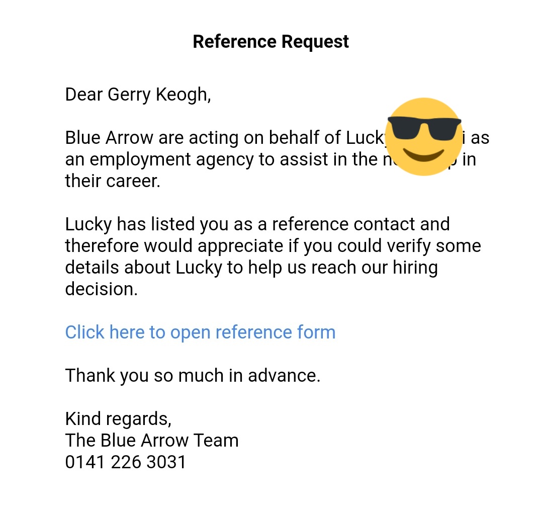 UnlockEmploy's tweet photo. A Reference Request this morning for a Job that Lucky had applied for.
When Lucky first came to #GovanJobsMatch he had not worked for 4 years due to his Status and being unable to work
We have supported Lucky #Digitaly ¹Into a PT Job and Now a Full Time Postion
#NoOneLeftBehind https://t.co/6inu4kZaAr