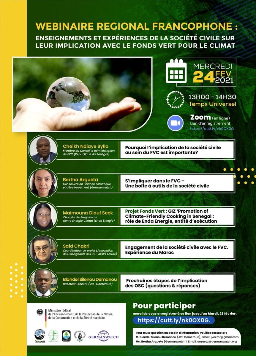 If you can understand french, then Join me for this webinar on Civil society lessons and experiences on their involvement with the Green Climate Fund 
<a href="/jvecmr/">JVE Cameroun</a> <a href="/bsdkrs/">Blondel Silenou</a> <a href="/HPaglaga/">Hervé Donatien MAKEBEL PAGLAGA</a> <a href="/Cladelle2/">Cladelle Tido</a> <a href="/theGCF/">Green Climate Fund</a> <a href="/gree/">greetempaccount</a> <a href="/JVE_Int/">JVE International</a>
