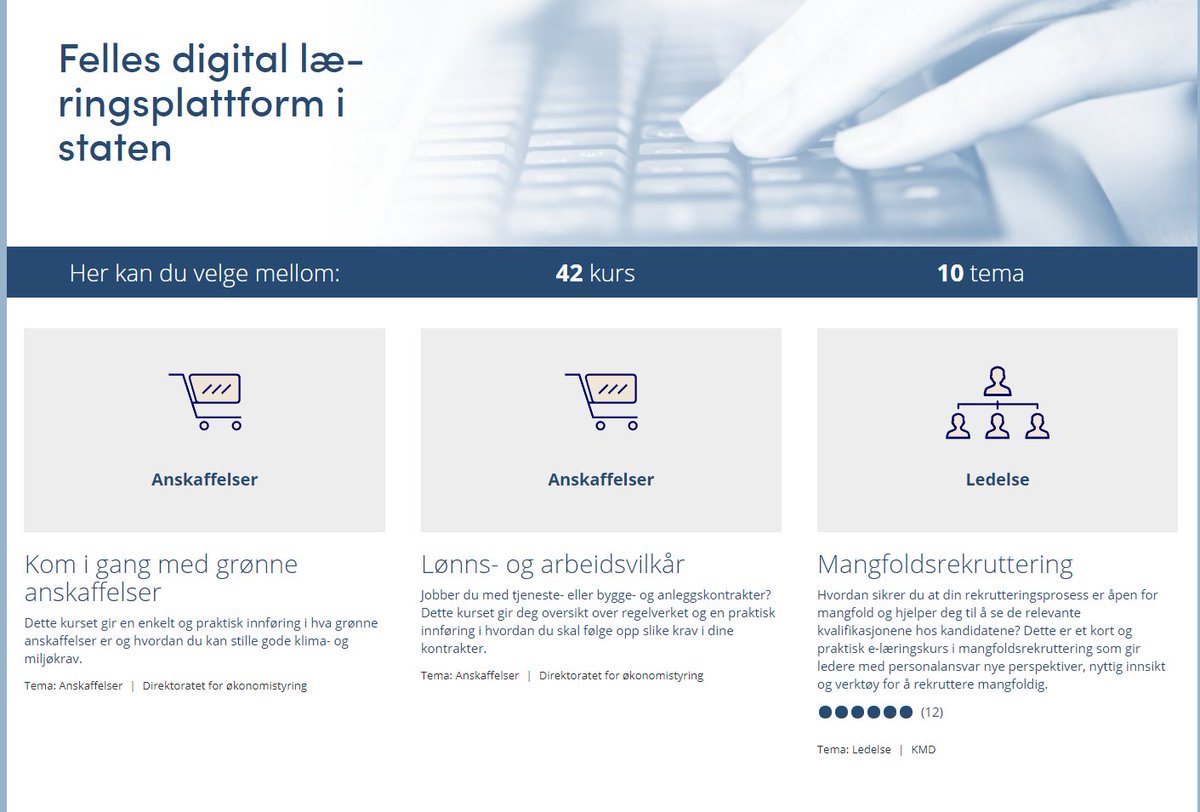 Tre nye gratis e-læringskurs på forsiden av læringsplattformen.difi.no. Her kan du lære mangfoldsrekruttering, hvordan du følger opp lønns- og arbeidsvilkår i anskaffelser og hvordan du kommer i gang med grønne anskaffelser. 
Og treffer ikke dette dine behov, har vi 39 andre kurs.
