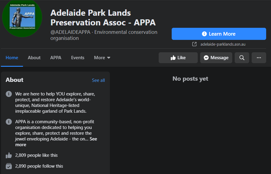 The Adelaide Park Lands page, which helps maintain the national heritage-listed lands, has been Zucced.