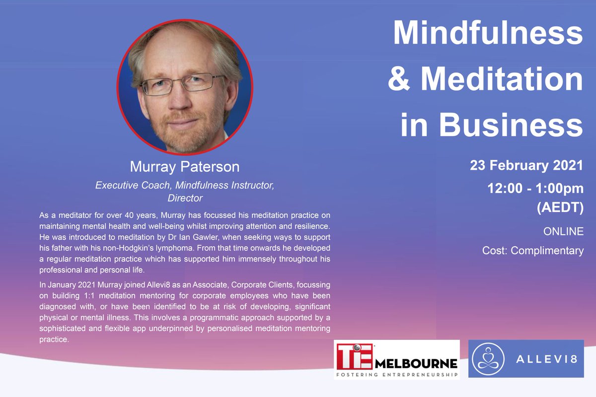 Coaching of #leaders, #seniormanagers and #executiveteams brings #reflection and #mindfulness to the workplace. Join us as Murray Paterson provides #insight on improving #wellbeing and #effectiveness in #business.  
Register here: events.humanitix.com/mindfulness-an…