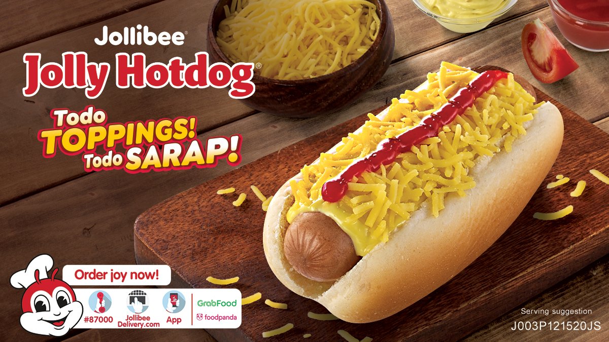 Jollibee's tweet photo. Todo enjoy ang snack time dahil sa #TodoToppings #TodoSarap Cheesy Classic Jolly Hotdog!
 
Order now through https://t.co/jqUf50MZ59, Jollibee Delivery App, #87000, GrabFood, or foodpanda! Also available in Drive-Thru, Take Out, and Dine-In. https://t.co/fsgWLouVcQ