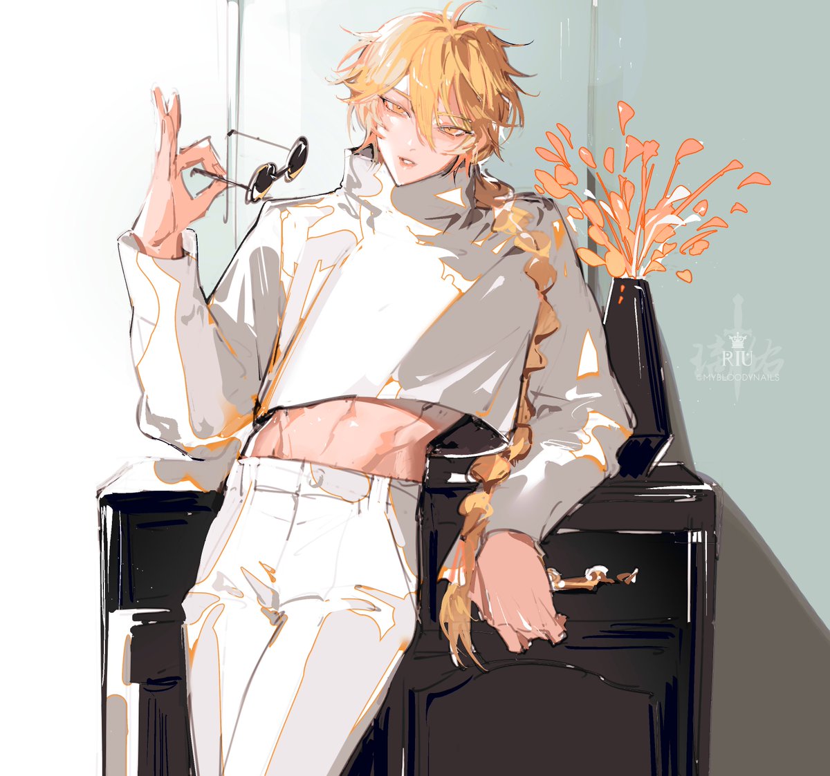 aether (genshin impact) 1boy male focus blonde hair braid pants long hair holding eyewear  illustration images