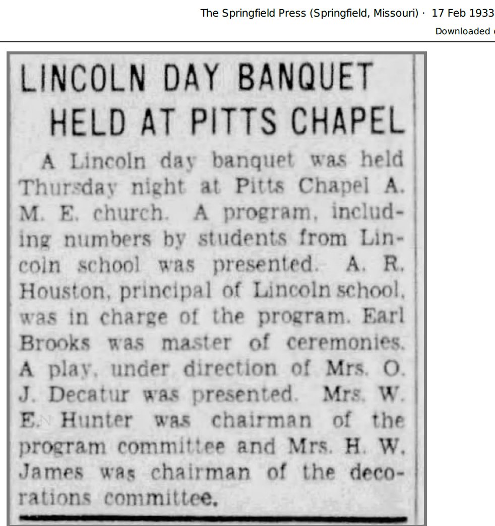 In 1933 Pitts Chapel hosted a banquet for Lincoln School, which served Springfield's African American community until 1955.