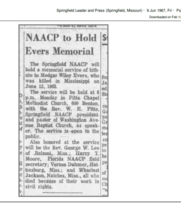 In 1967 Pitts Chapel hosted a memorial service on the fourth anniversary of the murder of Medgar Evers, together with the Springfield NAACP.