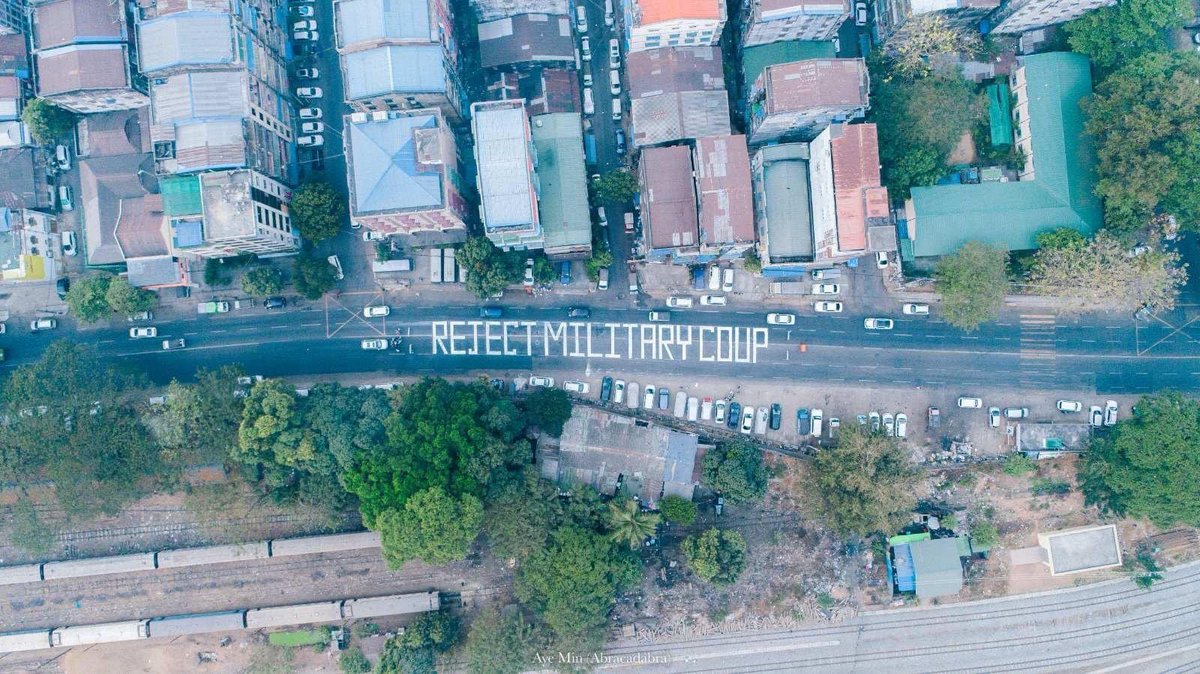 More protest slogans which can be seen from sky are appearing on roads in many different cities in Myanmar. #CDM #WhatsHappeningInMyanmar #CivilDisobedienceMovement #Feb18Coup