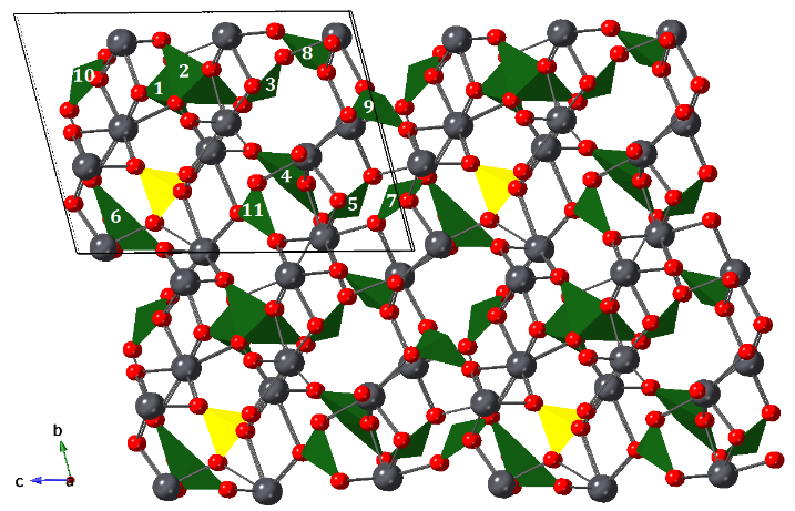 Structure is a unique framework of PbOn polyhedra with TeO3 pyramids and TeO4 'seesaws'. 1 in 12 of the Te sites is replaced by SO4 tetrahedra, creating an extra layer of complexity. Unique in chemical composition and in structure, fully described 4 decades after discovery! 6/7