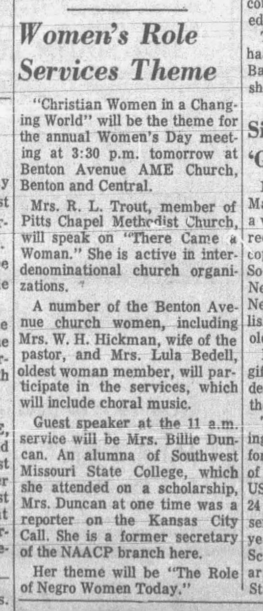 In September of 1968, Mrs. R.L. Trout of Pitts Chapel spoke on "There Came a Woman" at a meeting held at Benton Avenue AME.