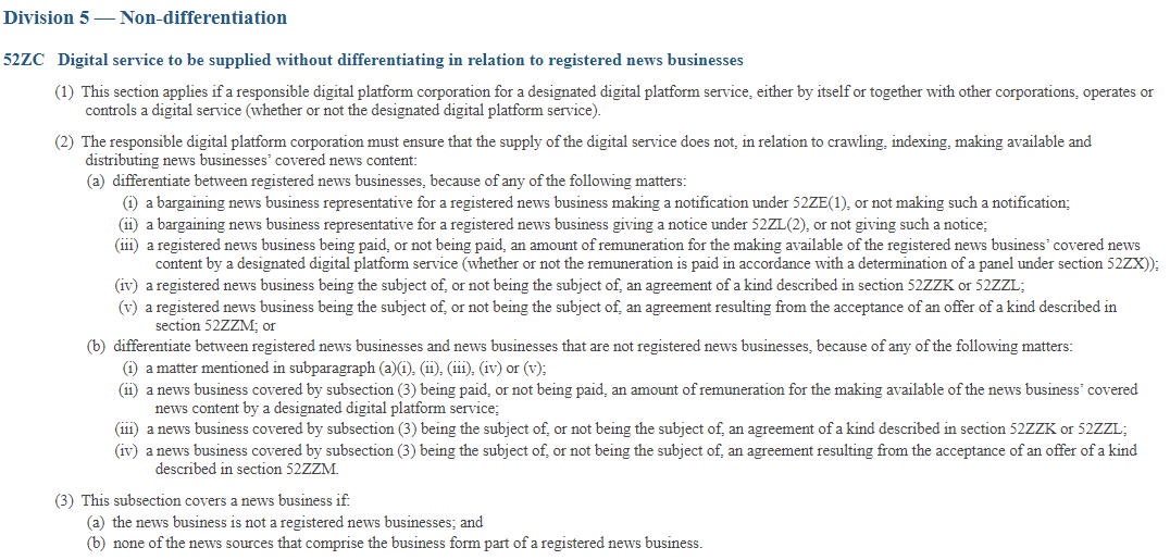 There's a key section of the legislation that says to orgs like Facebook that if you refuse to carry and pay for news links from registered news businesses, you can't carry news links from any news business. Facebook went "OK".