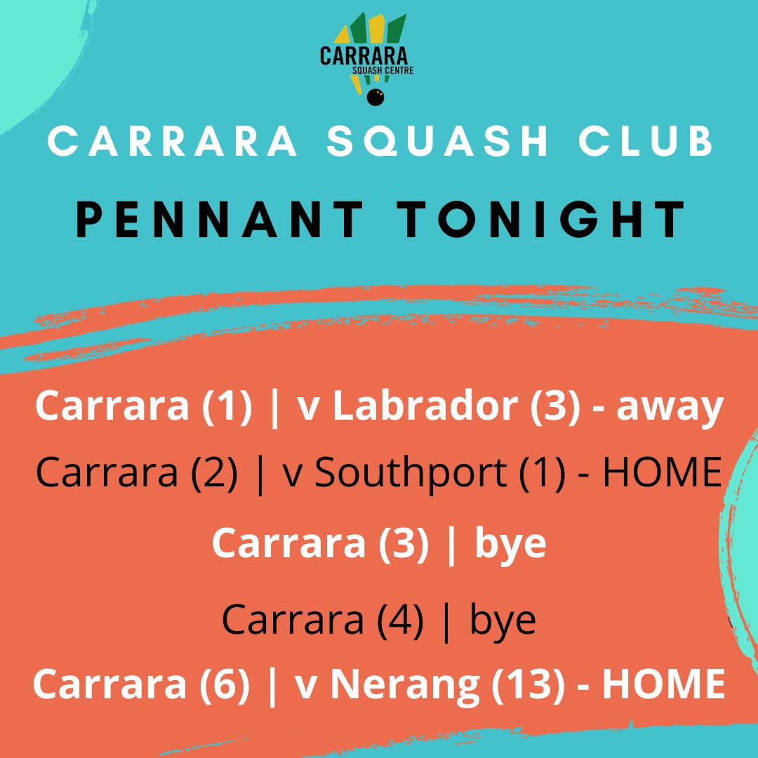 Australian_NSC's tweet photo. Carrara Squash Club has two big fixtures at home commencing from 6pm as Carrara (2) and (6) strive for big wins.

Carrara (1) takes on Labrador in the most important match of the year that will help shape the finals.

#goldcoast #squash #squashinqueensland #SquashinAustralia https://t.co/OwME48sclO