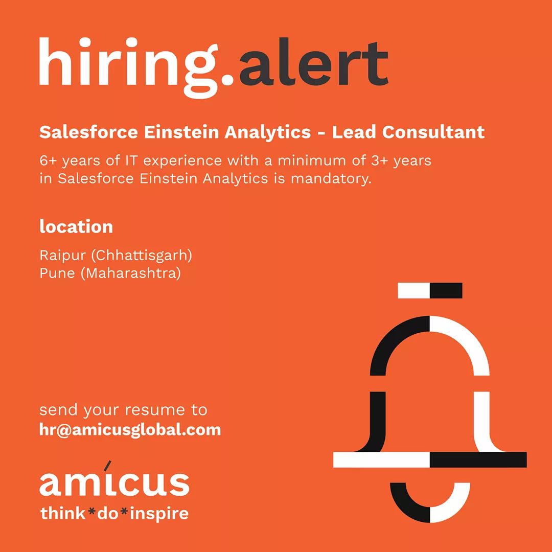 amicusglobal's tweet photo. HIRING ALERT! 
Join our team and grab the opportunity to shine!
We are hiring Einstein Experts. 

Interested candidates can send resume at hr@amicusglobal.com 
https://t.co/AN44kZRTdX

#hiring #jobposting #Amicus #EinsteinAnalytics #JobsinRaipur #JobsInPune #IT https://t.co/5nBKC4TtDv