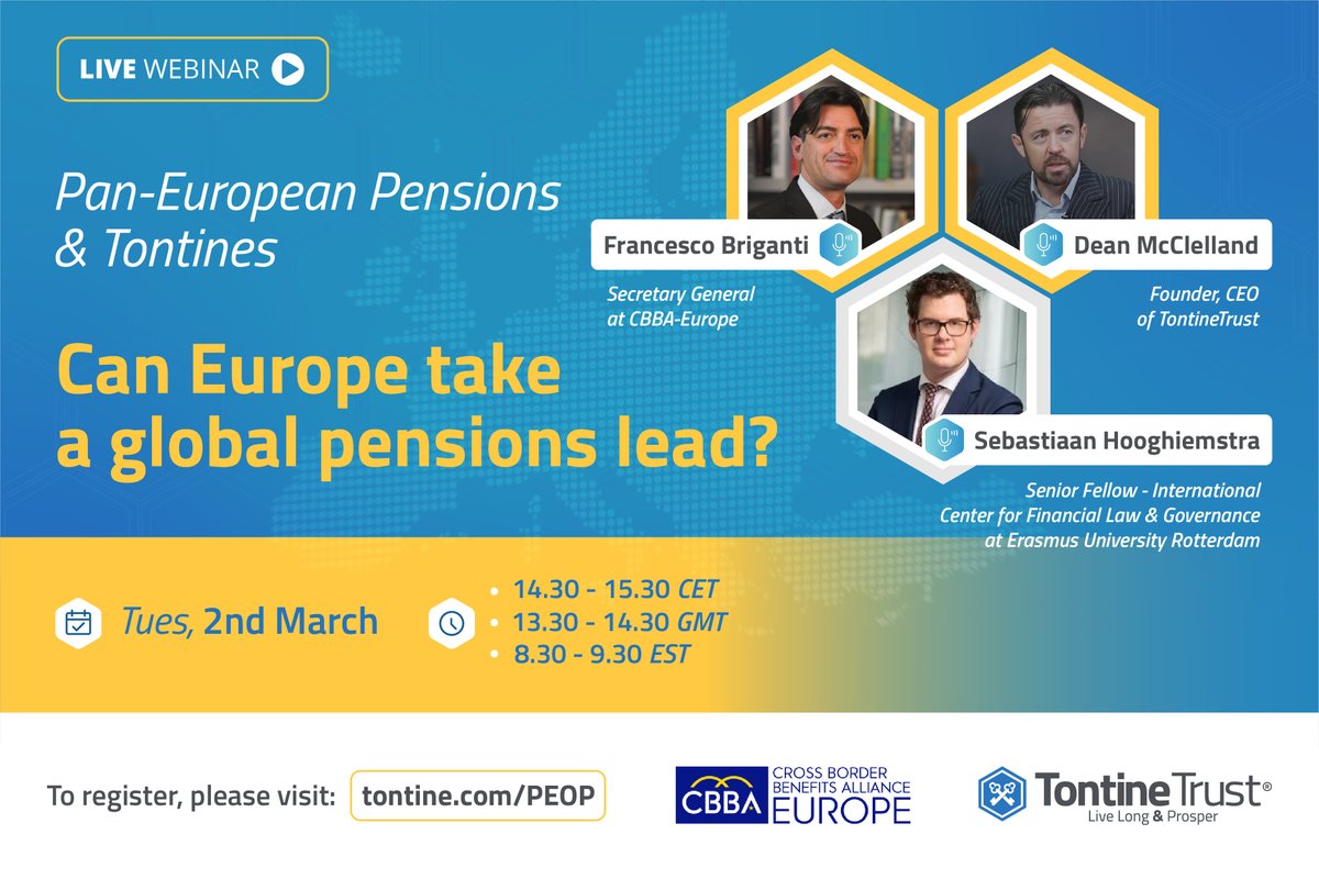 TontineTrust's tweet photo. Not content with creating 'perfect' personal pensions, the next step will be great workplace pensions. Join us,
@CBBA_EUROPE & @SN_Hooghiemstra on March 2nd to find out how #PEOPs & #Tontines can extend #Europe's lead in pension innovation & governance
https://t.co/KIzl8rDJZz https://t.co/7xRbPbWluf