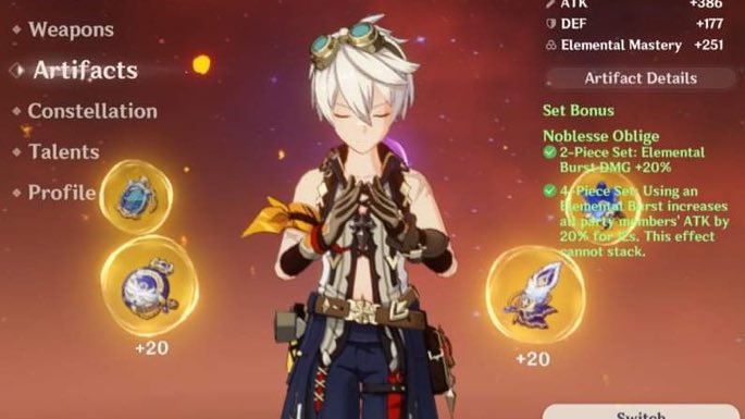 and IMO the best support set for a oneshot burst comp is noblesse oblige (do note that its 4pc effect DOES NOT STACK so its best to use it on just one support. a good example would be bennett !!