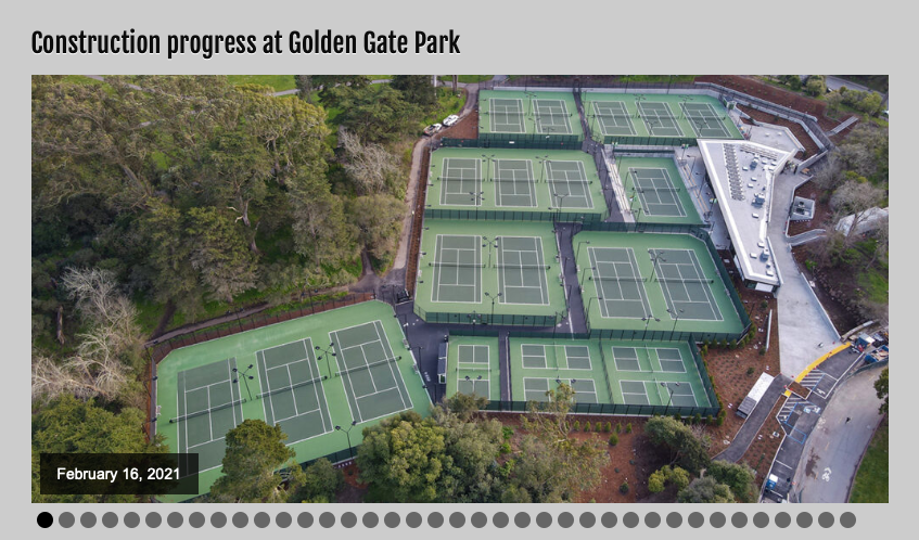 The tennis courts in Golden Gate Park have been under construction for a year or two and will be opening *this year*. I walked by the site today and they look spectacular. The city has 100+ free tennis courts, many with incredible views.