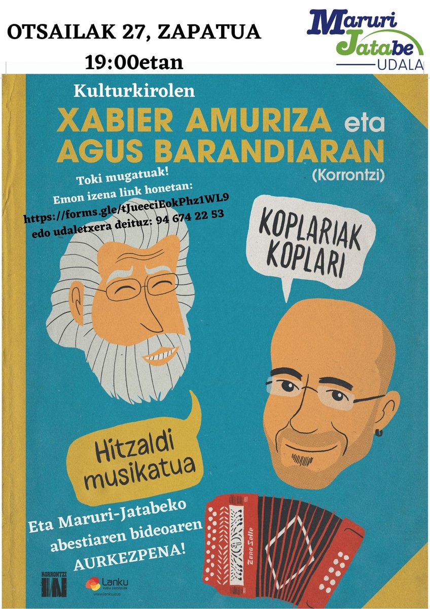 Maruri_Jatabe's tweet photo. "KOPLARIAK KOPLARI" Hitzaldi musikatua Agus Barandiaran @Korrontzi eta Xabier Amurizagaz.
Otsailak 27, zapatua, Kulturkirol-en
Derrigorrezkoa izen emotea: https://t.co/g1TgWzCIHD
#koplariak #korrontzi2021 #Maruri #Jatabe #Uribe https://t.co/V4qnbJI7FN